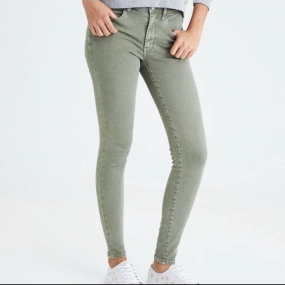 Sky high olive green, slight acid wash jeggings.